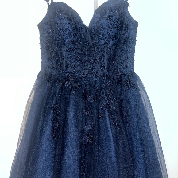 Navy Blue Zapaka small formal short dress, floral applique silver sparkles tulle - Picture 3 of 5